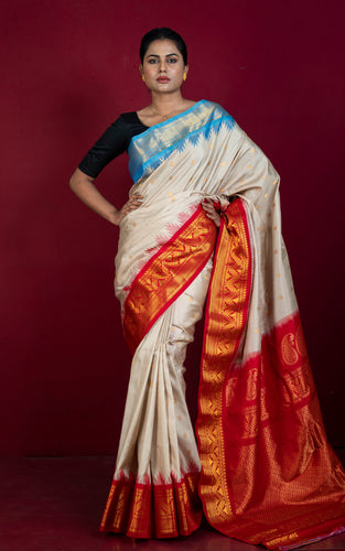 Exclusive Gadwal Silk Saree in Beige, Red, Azure Blue and Golden Zari Weave