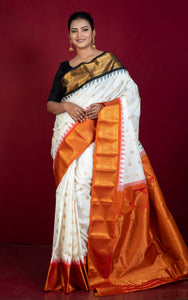 Exclusive Gadwal Silk Saree in Off White, Black, Burnt Orange and Golden Zari Weave