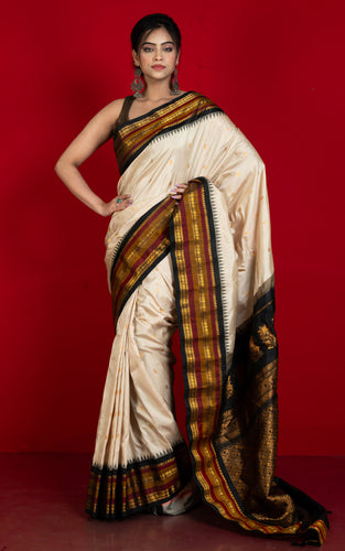 Handwoven Exclusive Gadwal Silk Saree in Sandalwood Beige, Black, Maroon and Golden Zari Work