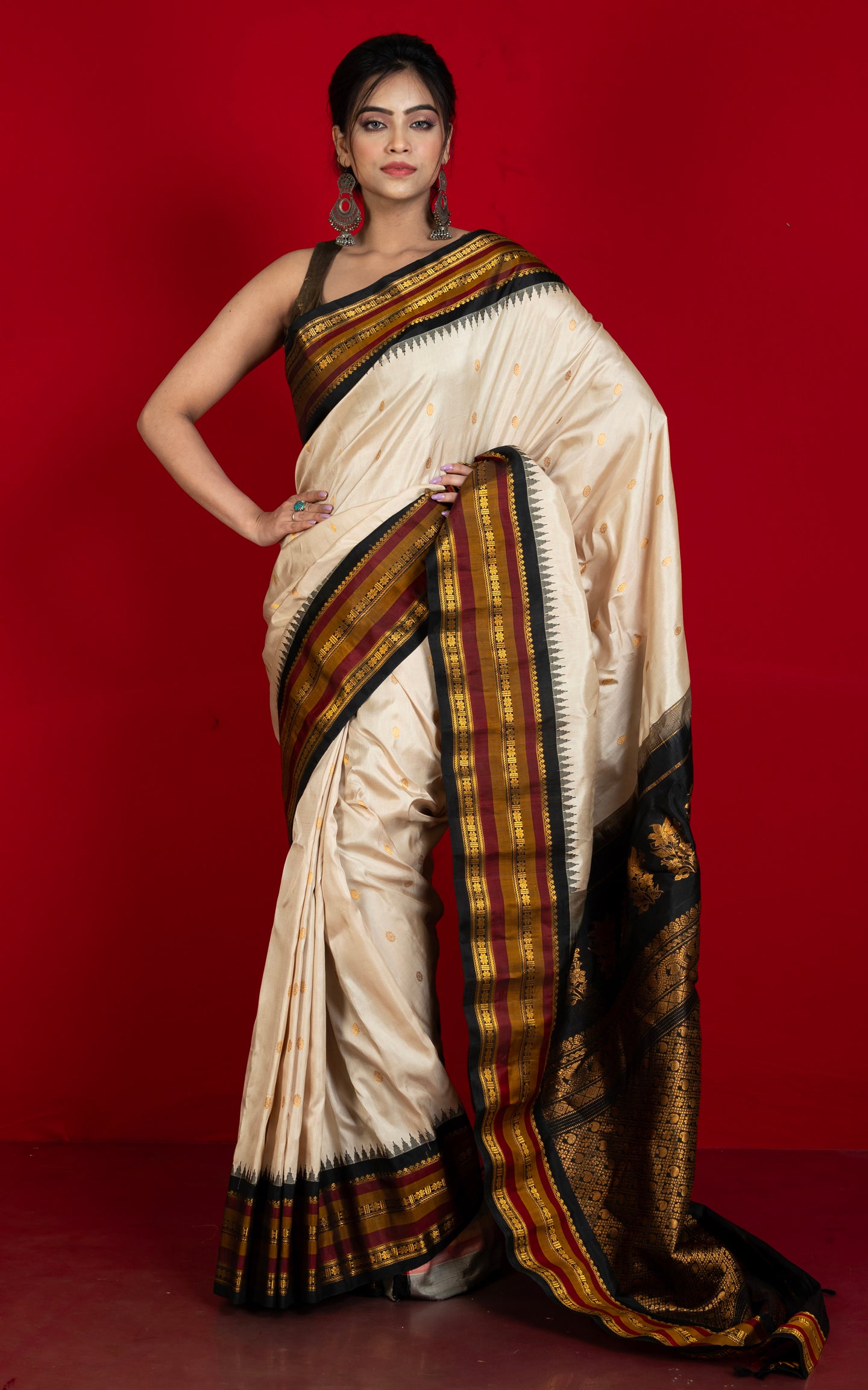 Handwoven Exclusive Gadwal Silk Saree in Sandalwood Beige, Black, Maroon and Golden Zari Work