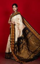 Handwoven Exclusive Gadwal Silk Saree in Sandalwood Beige, Black, Maroon and Golden Zari Work