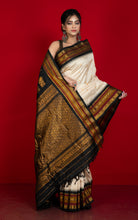 Handwoven Exclusive Gadwal Silk Saree in Sandalwood Beige, Black, Maroon and Golden Zari Work