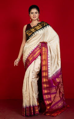 Exclusive Woven Ganga Jamuna Border Gadwal Silk Saree in Pearl Bush, Onyx Black, Purplish Red and Golden Zari Weave