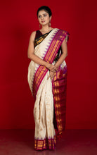 Exclusive Woven Ganga Jamuna Border Gadwal Silk Saree in Pearl Bush, Onyx Black, Purplish Red and Golden Zari Weave