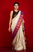 Exclusive Woven Ganga Jamuna Border Gadwal Silk Saree in Pearl Bush, Onyx Black, Purplish Red and Golden Zari Weave