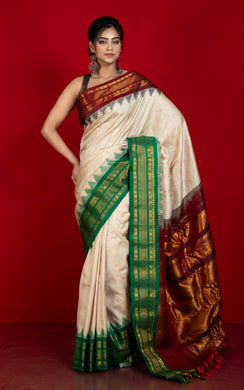 Exclusive Woven Ganga Jamuna Border Gadwal Silk Saree in Almond Beige, Dark Maroon, Dartmouth Green and Golden Zari Weave