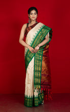 Exclusive Woven Ganga Jamuna Border Gadwal Silk Saree in Almond Beige, Dark Maroon, Dartmouth Green and Golden Zari Weave