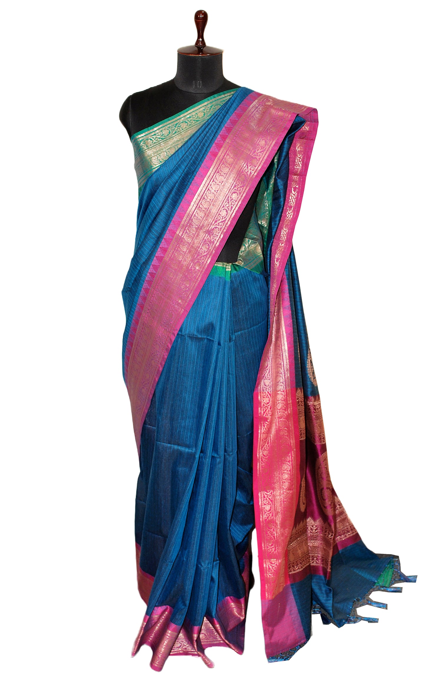 Traditional Ganga Jamuna Border Cotton Kota Checks Gadwal Saree with Rich Pallu in Denim Blue, Hot Pink and Green