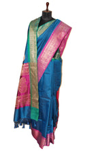 Traditional Ganga Jamuna Border Cotton Kota Checks Gadwal Saree with Rich Pallu in Denim Blue, Hot Pink and Green