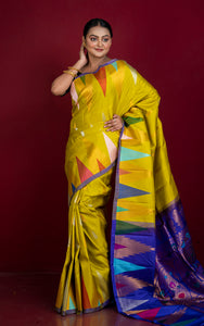 Exclusive Mahapar Crowned Temple Border Gadwal Silk Saree in Olive Yellow, Royal Blue, Golden and Multicolored Weave