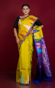 Exclusive Mahapar Crowned Temple Border Gadwal Silk Saree in Olive Yellow, Royal Blue, Golden and Multicolored Weave