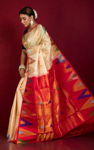 Exclusive Mahapar Crowned Temple Border Gadwal Silk Saree in Parmesan, Red, Golden and Multicolored Weave