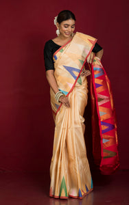 Exclusive Mahapar Crowned Temple Border Gadwal Silk Saree in Parmesan, Red, Golden and Multicolored Weave