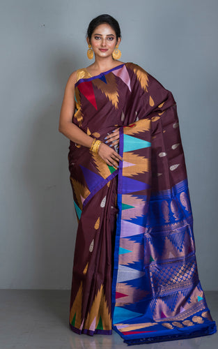 Exclusive Mahapar Crowned Temple Border Gadwal Silk Saree in Dark Wine, Royal Blue, Golden and Multicolored Weave