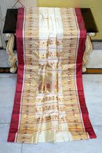 Traditional Bishnupuri Pure Garad Silk Saree with Minakari Nakshi Motif Work in Parmesan, Rust Red and Golden
