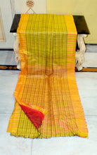 Soft Ketia Tussar Silk Saree – Mustard Yellow with Olive Green Stripes & Pink Accents