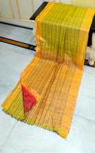 Soft Ketia Tussar Silk Saree – Mustard Yellow with Olive Green Stripes & Pink Accents