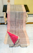 Gicha Ketia Tussar Silk Saree – Beige Windowpane Stripes with Red Blouse Piece