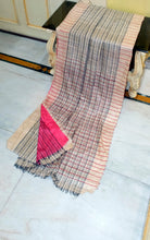 Gicha Ketia Tussar Silk Saree – Beige Windowpane Stripes with Red Blouse Piece