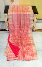 Soft Ketia Tussar Silk Saree – Natural Beige & Contrast Stripped Red Pallu