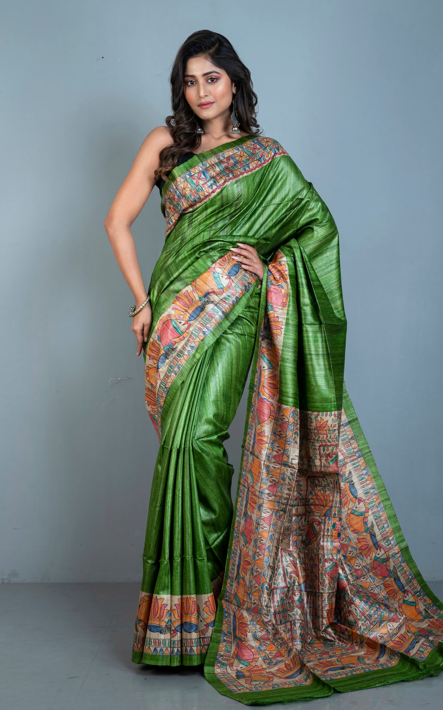 Hand Painted Madhubani on Handwoven Natural Gicha Tussar Silk Saree in Forest Green