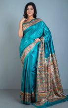 Hand Painted Madhubani on Handwoven Natural Gicha Tussar Silk Saree in Teal Blue