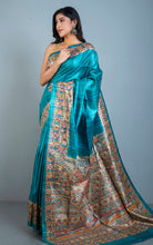 Hand Painted Madhubani on Handwoven Natural Gicha Tussar Silk Saree in Teal Blue