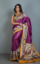 Traditional Tussar Gicha Kalamkari Saree in Purple, Amber Yellow, Green, Beige and Black