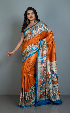 Traditional Tussar Gicha Kalamkari Saree in Rusty Orange, Blue, Hot Pink, Beige and Black