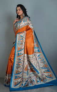 Traditional Tussar Gicha Kalamkari Saree in Rusty Orange, Blue, Hot Pink, Beige and Black