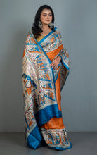 Traditional Tussar Gicha Kalamkari Saree in Rusty Orange, Blue, Hot Pink, Beige and Black