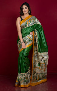 Traditional Tussar Gicha Kalamkari Saree in Dark Green, Amber Yellow, Beige and Black