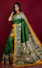 Traditional Tussar Gicha Kalamkari Saree in Dark Green, Amber Yellow, Beige and Black