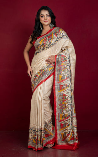 Traditional Tussar Gicha Kalamkari Saree in Parmesan, Red, Amber Yellow, Green and Black