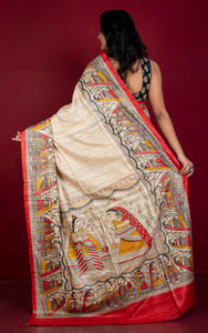 Traditional Tussar Gicha Kalamkari Saree in Parmesan, Red, Amber Yellow, Green and Black