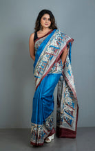 Traditional Tussar Gicha Kalamkari Saree in Sapphire Blue, Yellow, Beige, Brown and Black