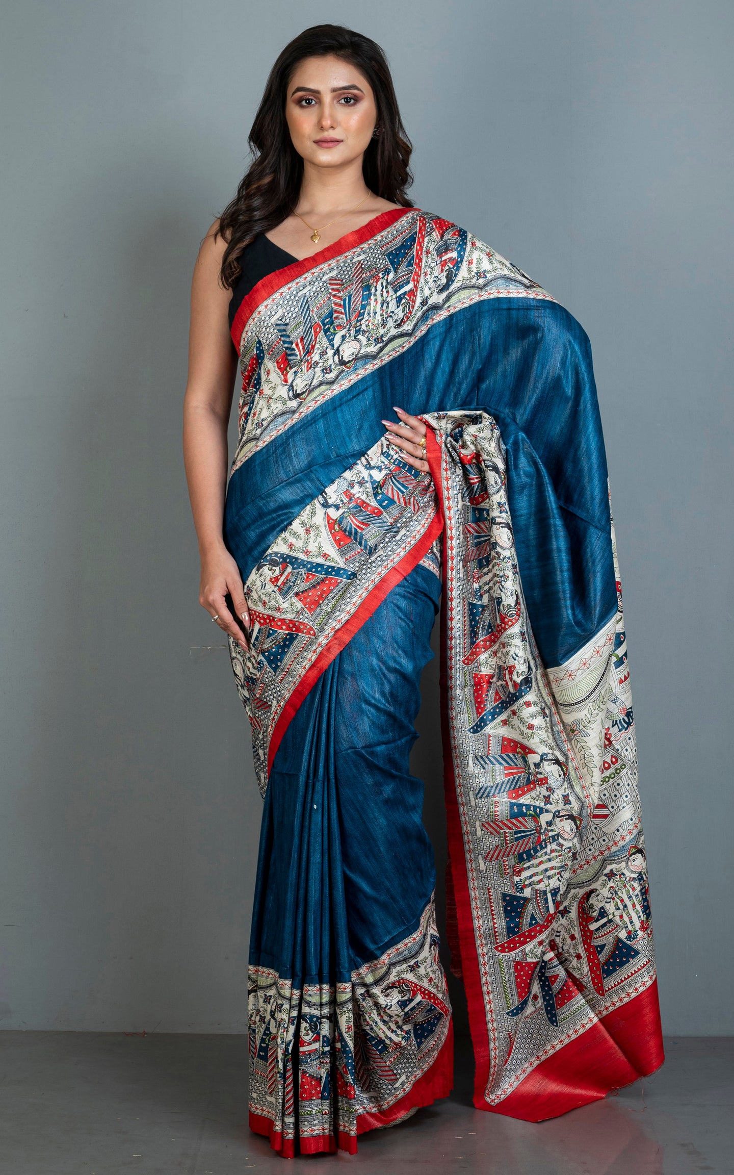 Traditional Tussar Gicha Kalamkari Saree in Denim Blue, Red, Beige, Green and Black