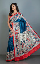 Traditional Tussar Gicha Kalamkari Saree in Denim Blue, Red, Beige, Green and Black