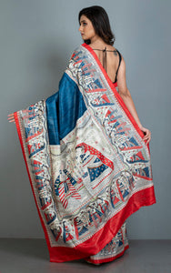 Traditional Tussar Gicha Kalamkari Saree in Denim Blue, Red, Beige, Green and Black