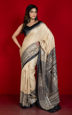 Soft Tussar Gicha Kalamkari Saree in Natural Beige and Black