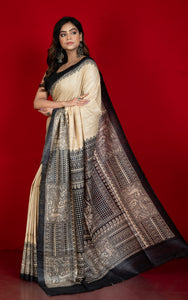 Soft Tussar Gicha Kalamkari Saree in Natural Beige and Black