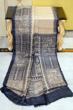 Soft Tussar Gicha Kalamkari Saree in Natural Beige and Black
