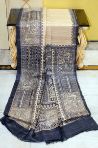 Soft Tussar Gicha Kalamkari Saree in Natural Beige and Black