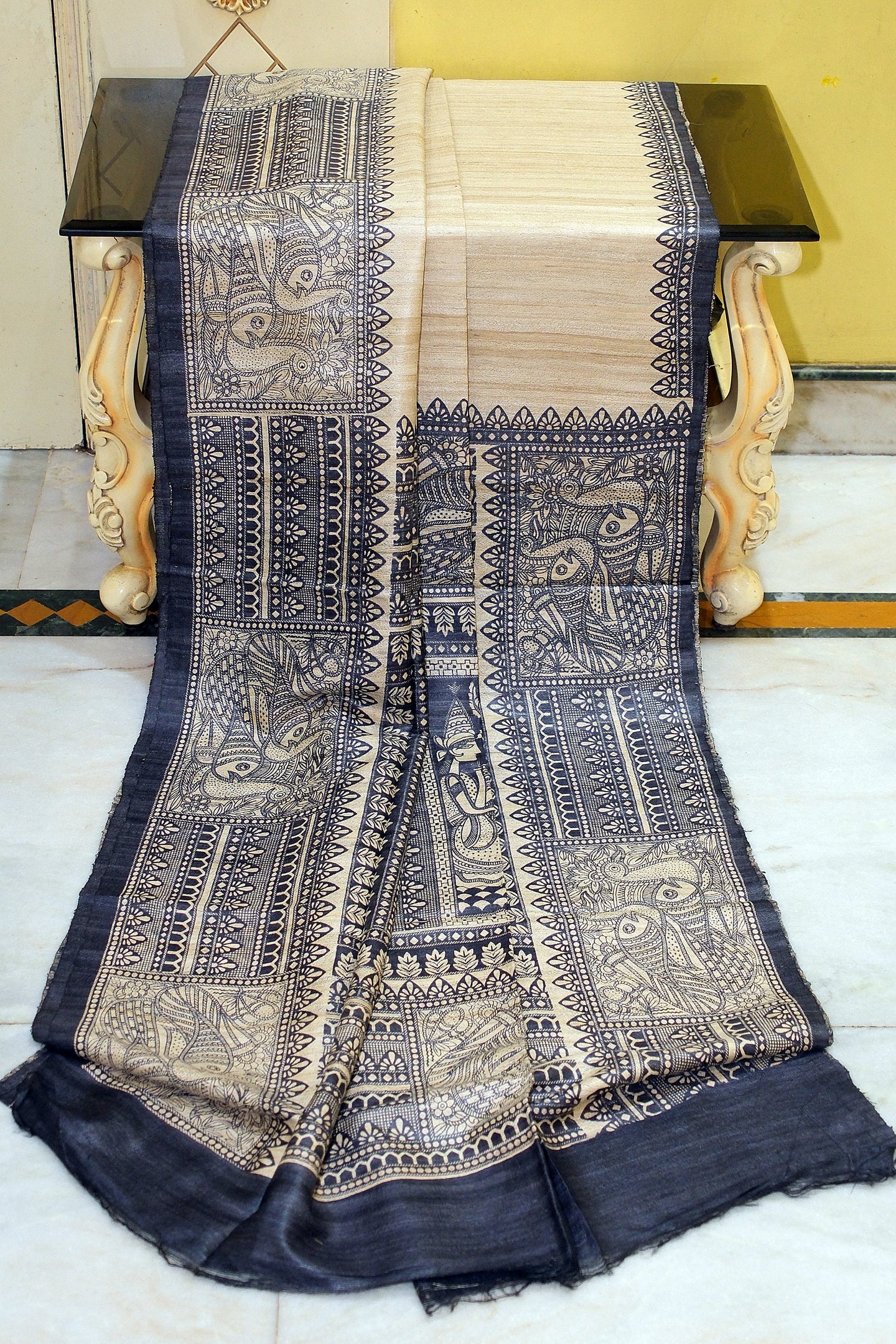 Soft Tussar Gicha Kalamkari Saree in Natural Beige and Black