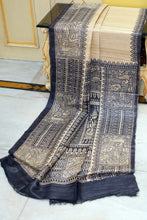 Soft Tussar Gicha Kalamkari Saree in Natural Beige and Black