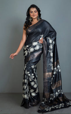 Soft Quality Block Printed Pure Gicha Tussar Silk Saree in Black and Off White