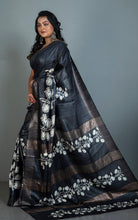 Soft Quality Block Printed Pure Gicha Tussar Silk Saree in Black and Off White