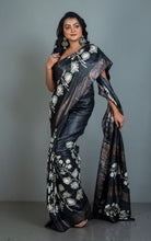 Soft Quality Block Printed Pure Gicha Tussar Silk Saree in Black and Off White