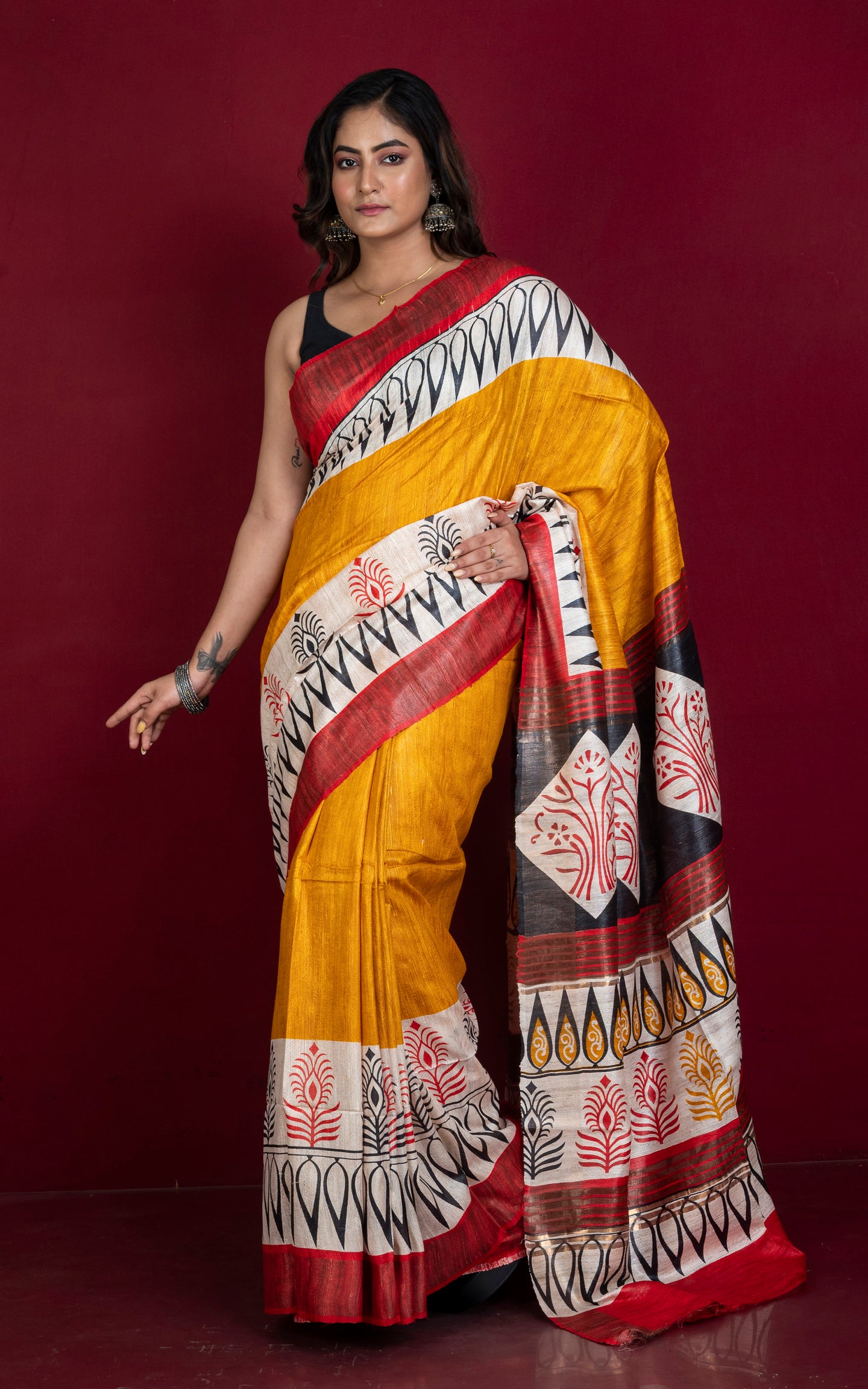 Soft Quality Block Printed Pure Gicha Tussar Silk Saree in Mustard Yellow, Off White, Black & Red