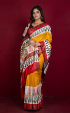 Soft Quality Block Printed Pure Gicha Tussar Silk Saree in Mustard Yellow, Off White, Black & Red